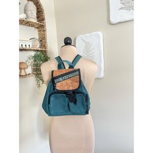 Vintage 90s Teal Leather Boho Pocket Nylon Mini Backpack